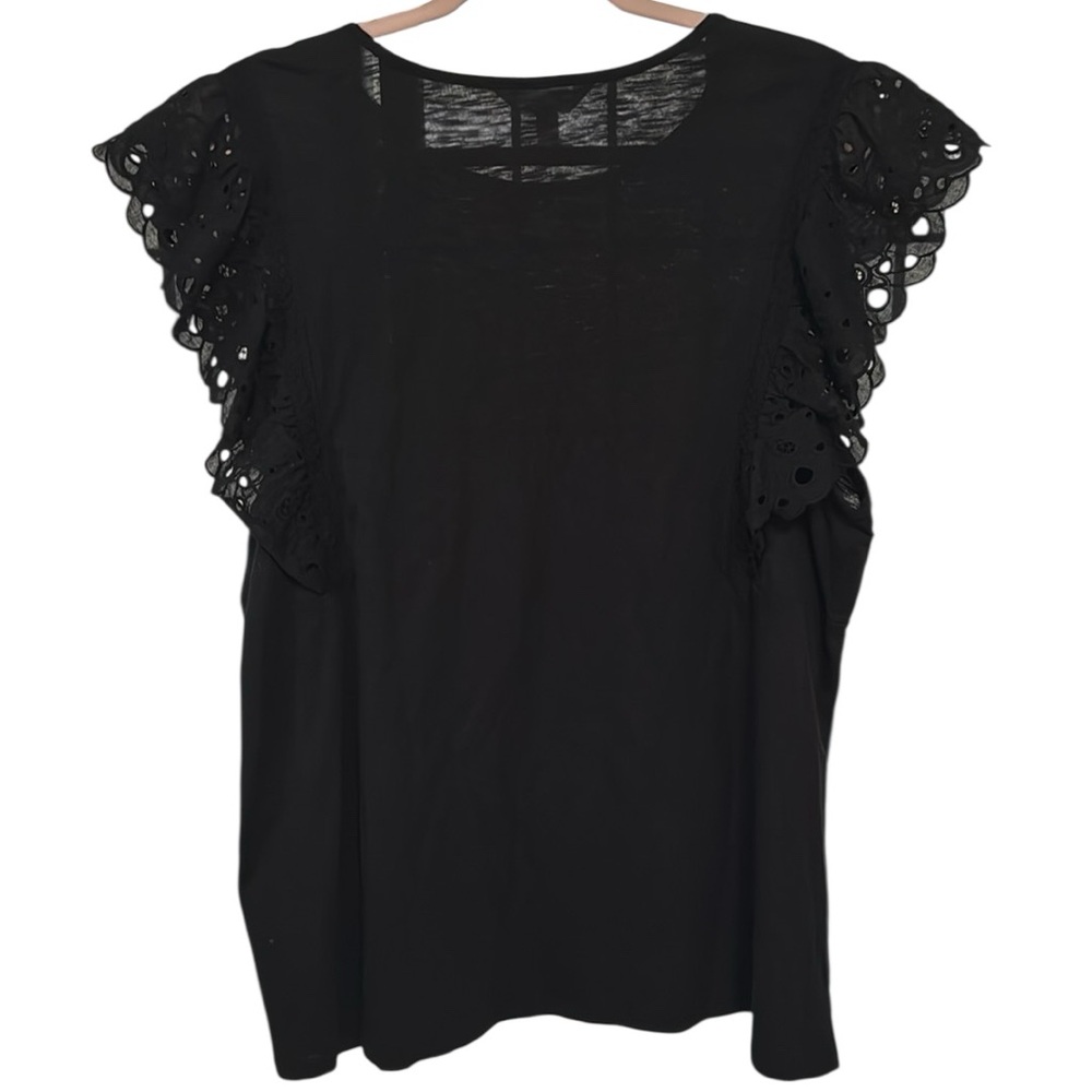 Lauren Conrad Eyelet Ruffle Short Sleeve Black Top Tee 100% Cotton NWT Size 1x - Picture 8 of 10